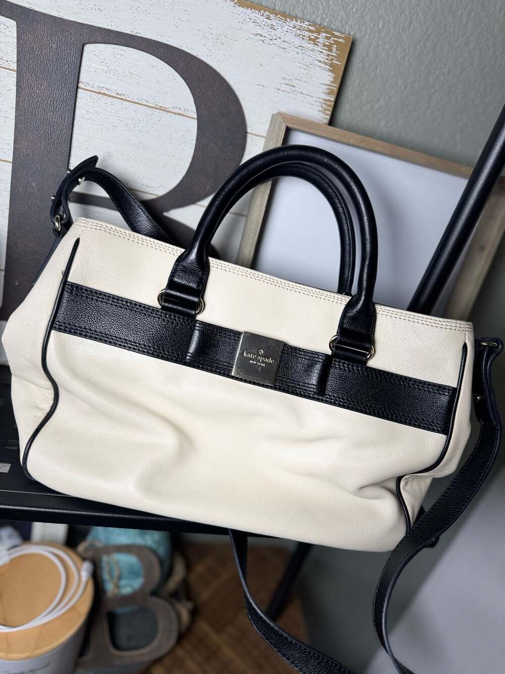 Kate Spade New York Black and Cream Leather Bow Satchel Handbag